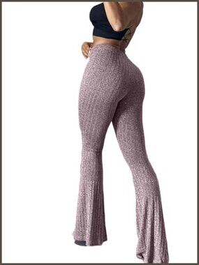 Ribbed Knit High Waisted Flare Yoga Pants Stretch Lounge Bell Bottom